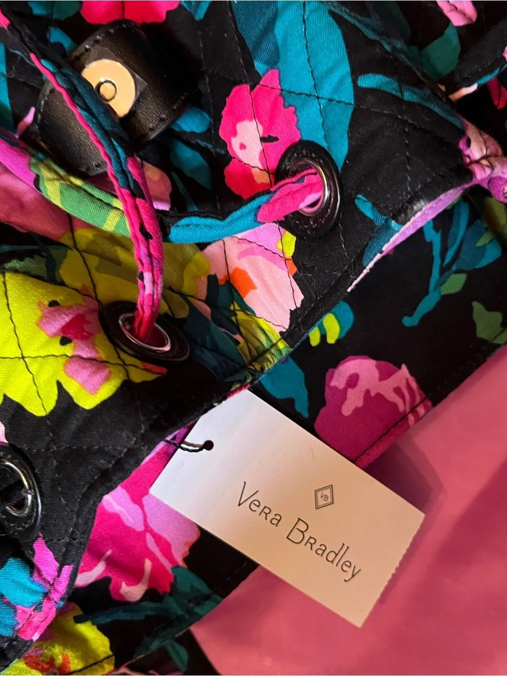 Vera Bradley Black Quilted Backpack with Pink, Teal & Lime Floral Print